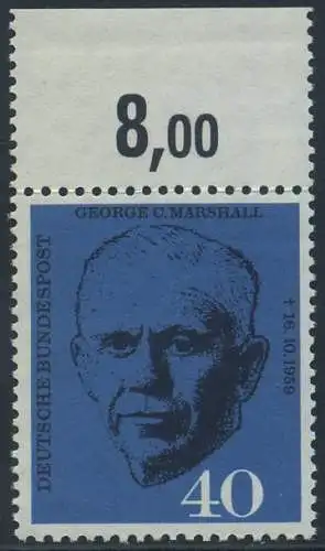 BUND 1960 Michel-Nummer 0344 postfrisch EINZELMARKE RAND oben (b)