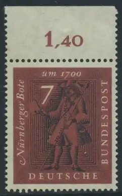 BUND 1961 Michel-Nummer 0365 postfrisch EINZELMARKE RAND oben (c)