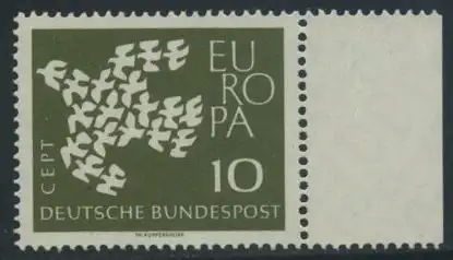 BUND 1961 Michel-Nummer 0367x postfrisch EINZELMARKE RAND rechts