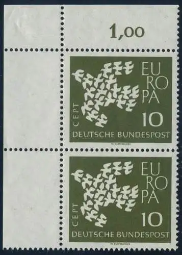BUND 1961 Michel-Nummer 0367x postfrisch vert.PAAR ECKRAND oben links