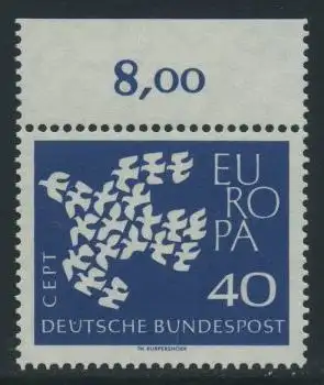 BUND 1961 Michel-Nummer 0368 postfrisch EINZELMARKE RAND oben (a)