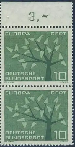 BUND 1962 Michel-Nummer 0383 postfrisch vert.PAAR RAND oben (b)