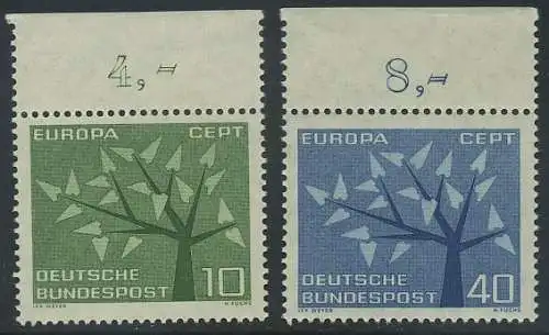 BUND 1962 Michel-Nummer 0383-0384 postfrisch SATZ(2) EINZELMARKEN RÄNDER oben 