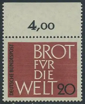 BUND 1962 Michel-Nummer 0389 postfrisch EINZELMARKE RAND oben