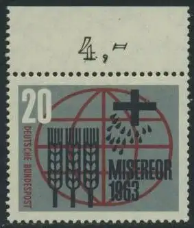 BUND 1963 Michel-Nummer 0391 postfrisch EINZELMARKE RAND oben (a)