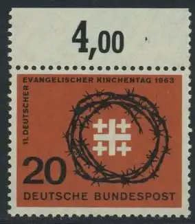 BUND 1963 Michel-Nummer 0405 postfrisch EINZELMARKE RAND oben (a)