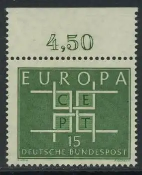 BUND 1963 Michel-Nummer 0406 postfrisch EINZELMARKE RAND oben (b)