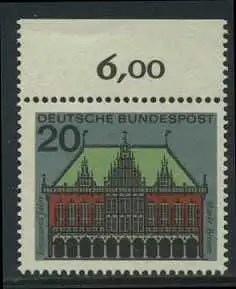 BUND 1964 Michel-Nummer 0425 postfrisch EINZELMARKE RAND oben (a)
