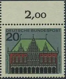 BUND 1964 Michel-Nummer 0425 postfrisch EINZELMARKE RAND oben (c)