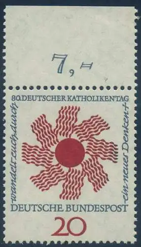 BUND 1964 Michel-Nummer 0444 postfrisch EINZELMARKE RAND oben (c)