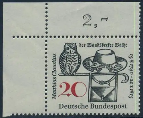 BUND 1965 Michel-Nummer 0462 postfrisch EINZELMARKE ECKRAND oben links