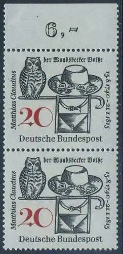 BUND 1965 Michel-Nummer 0462 postfrisch vert.PAAR RAND oben