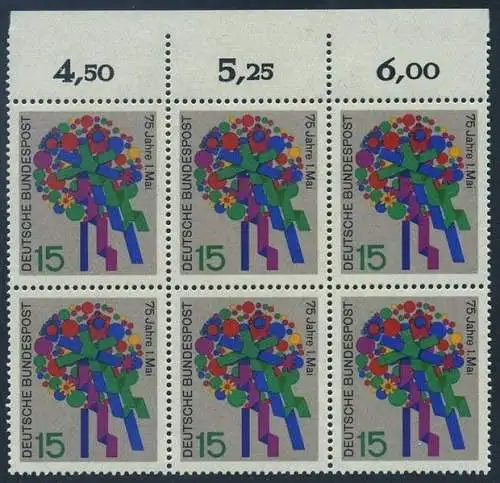 BUND 1965 Michel-Nummer 0475 postfrisch horiz.BLOCK(6) RÄNDER oben