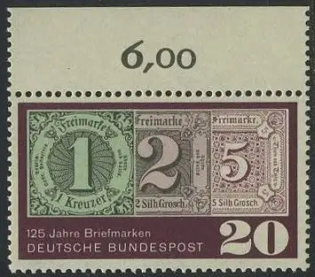 BUND 1965 Michel-Nummer 0482 postfrisch EINZELMARKE RAND oben (b)