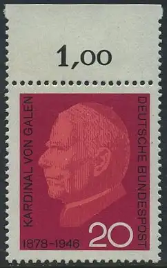 BUND 1966 Michel-Nummer 0505 postfrisch EINZELMARKE RAND oben