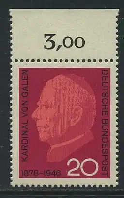 BUND 1966 Michel-Nummer 0505 postfrisch EINZELMARKE RAND oben (b)