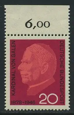 BUND 1966 Michel-Nummer 0505 postfrisch EINZELMARKE RAND oben (e)