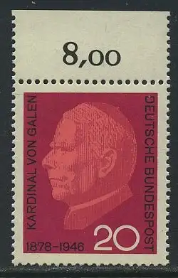 BUND 1966 Michel-Nummer 0505 postfrisch EINZELMARKE RAND oben (g)