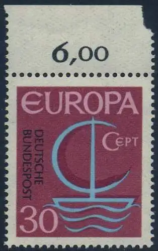 BUND 1966 Michel-Nummer 0520 postfrisch EINZELMARKE RAND oben (b)