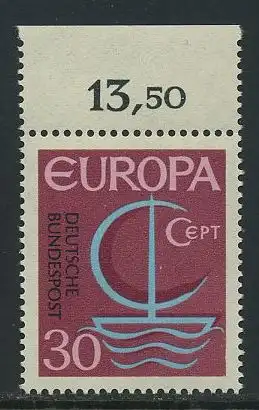 BUND 1966 Michel-Nummer 0520 postfrisch EINZELMARKE RAND oben (c)