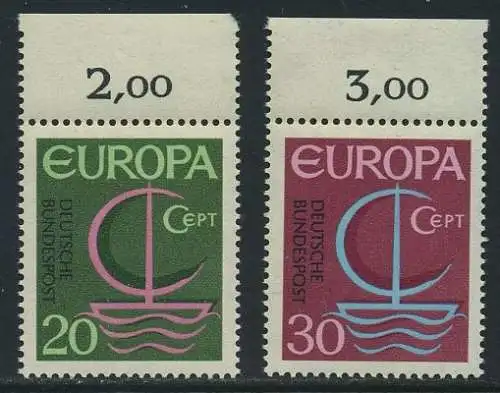 BUND 1966 Michel-Nummer 0519-0520 postfrisch SATZ(2) EINZELMARKEN RÄNDER oben (a)