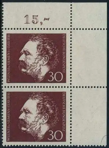 BUND 1966 Michel-Nummer 0528 postfrisch vert.PAAR ECKRAND oben rechts