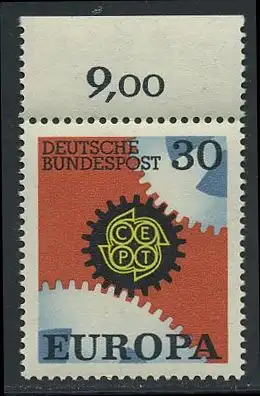 BUND 1967 Michel-Nummer 0534 postfrisch EINZELMARKE RAND oben (e)