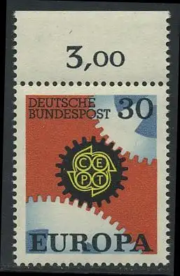 BUND 1967 Michel-Nummer 0534 postfrisch EINZELMARKE RAND oben (a)