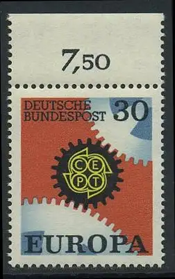 BUND 1967 Michel-Nummer 0534 postfrisch EINZELMARKE RAND oben (d)