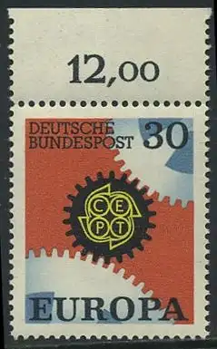 BUND 1967 Michel-Nummer 0534 postfrisch EINZELMARKE RAND oben (g)