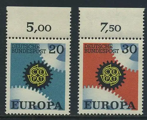 BUND 1967 Michel-Nummer 0533-0534 postfrisch SATZ(2) EINZELMARKEN RÄNDER oben (d)