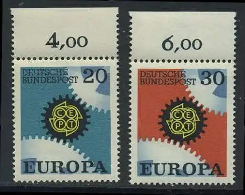 BUND 1967 Michel-Nummer 0533-0534 postfrisch SATZ(2) EINZELMARKEN RÄNDER oben (c)