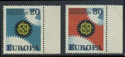 BUND 1967 Michel-Nummer 0533-0534 postfrisch SATZ(2) EINZELMARKEN RÄNDER rechts