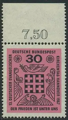 BUND 1967 Michel-Nummer 0536 postfrisch EINZELMARKE RAND oben (e)