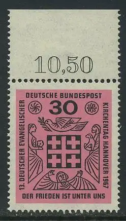 BUND 1967 Michel-Nummer 0536 postfrisch EINZELMARKE RAND oben (g)