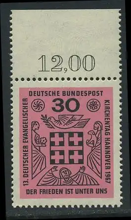 BUND 1967 Michel-Nummer 0536 postfrisch EINZELMARKE RAND oben (k)