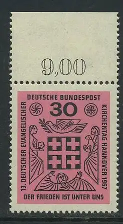 BUND 1967 Michel-Nummer 0536 postfrisch EINZELMARKE RAND oben (f)