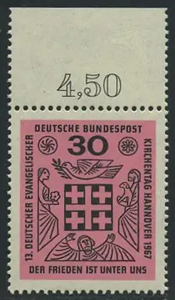 BUND 1967 Michel-Nummer 0536 postfrisch EINZELMARKE RAND oben (c)