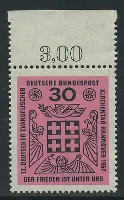 BUND 1967 Michel-Nummer 0536 postfrisch EINZELMARKE RAND oben (b)