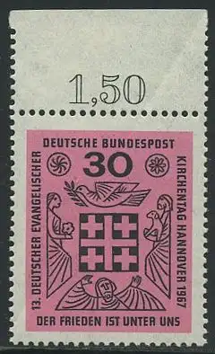 BUND 1967 Michel-Nummer 0536 postfrisch EINZELMARKE RAND oben (a)