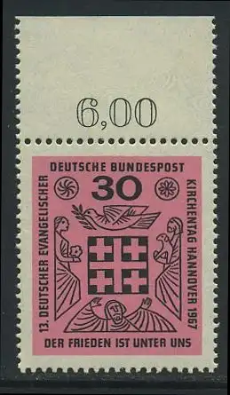 BUND 1967 Michel-Nummer 0536 postfrisch EINZELMARKE RAND oben (d)