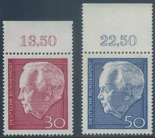 BUND 1967 Michel-Nummer 0542-0543 postfrisch SATZ(2) EINZELMARKEN RÄNDER oben (c)