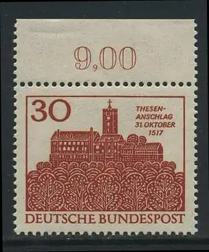 BUND 1967 Michel-Nummer 0544 postfrisch EINZELMARKE RAND oben (c)