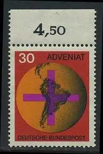 BUND 1967 Michel-Nummer 0545 postfrisch EINZELMARKE RAND oben (b)