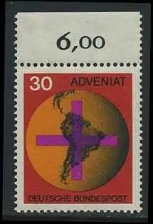 BUND 1967 Michel-Nummer 0545 postfrisch EINZELMARKE RAND oben (c)