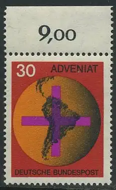 BUND 1967 Michel-Nummer 0545 postfrisch EINZELMARKE RAND oben (e)