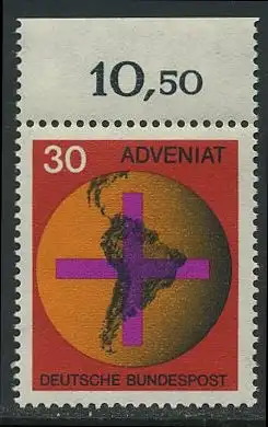 BUND 1967 Michel-Nummer 0545 postfrisch EINZELMARKE RAND oben (f)