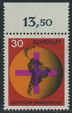 BUND 1967 Michel-Nummer 0545 postfrisch EINZELMARKE RAND oben (k)