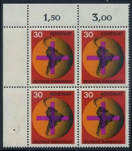BUND 1967 Michel-Nummer 0545 postfrisch BLOCK ECKRAND oben links