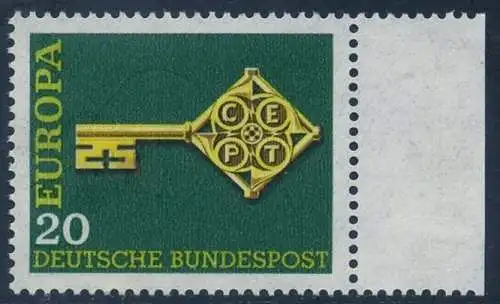 BUND 1968 Michel-Nummer 0559 postfrisch EINZELMARKE RAND rechts